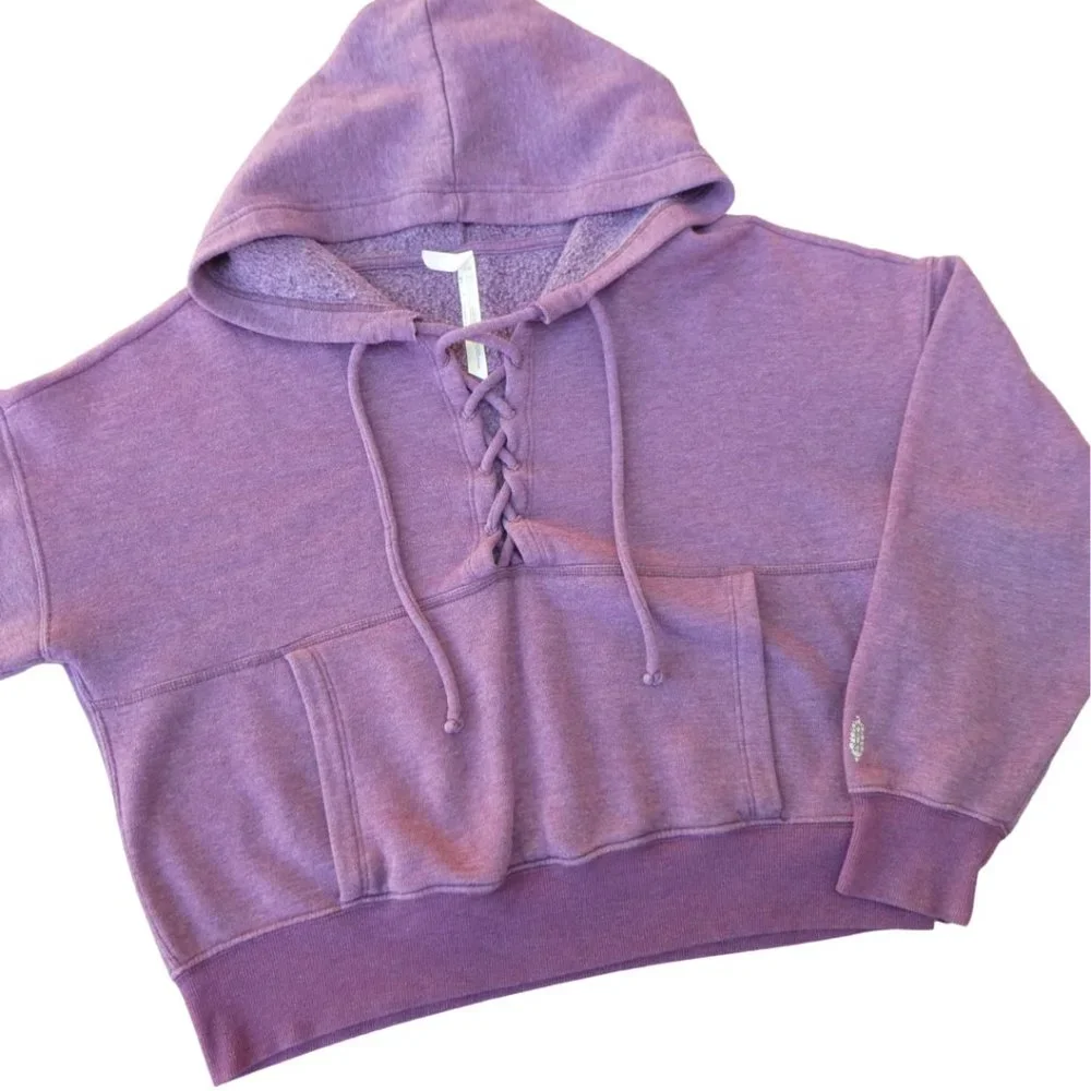 Free People FP Movement Plum Believe It  Sweatshirt Hoodie Lace Up Kangaroo Pock